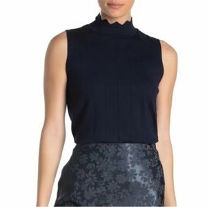 Devotion Cyrus Women’s Pointelle Trim Sleeveless Mock Neck Top Navy S NWT